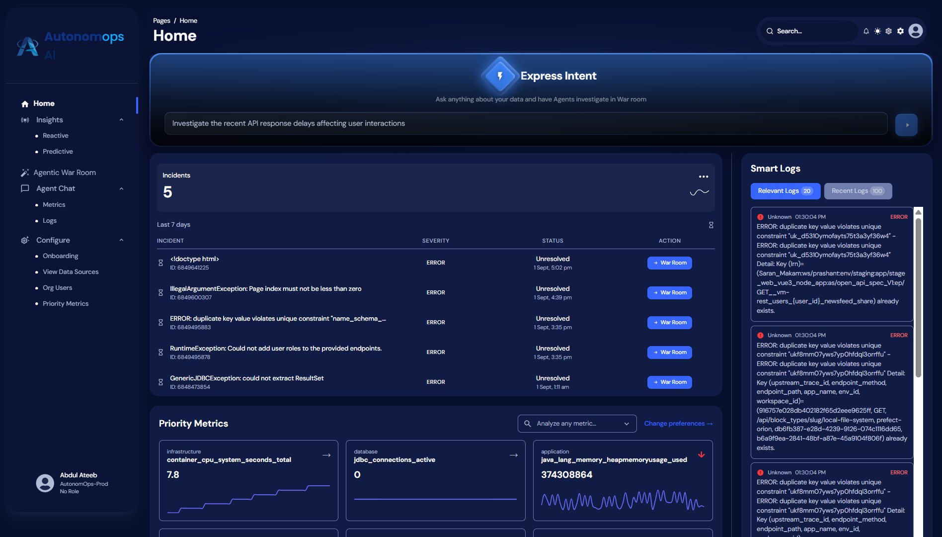 AutonomOps AI Platform Dashboard